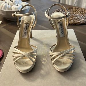 White satin Jimmy Choo wedding shoes